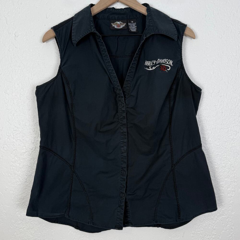 Harley Davidson Women's Sleeveless Snap Button Vest Top Rose Embroidered Sz 1W